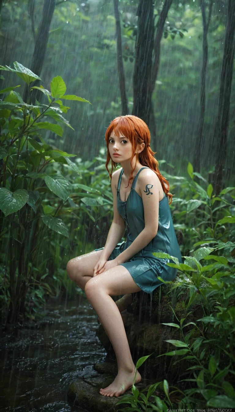 (Masterpiece:1.2, Best Quality), Forest, 1 girl, girl, Redhead, , Thinking, nami one piece, raining, fullbody, action pose, beutifull face, beautifull body, ultra detail face, very detail, ultra hidgh res, high quality, foto-realistic, raining, wet