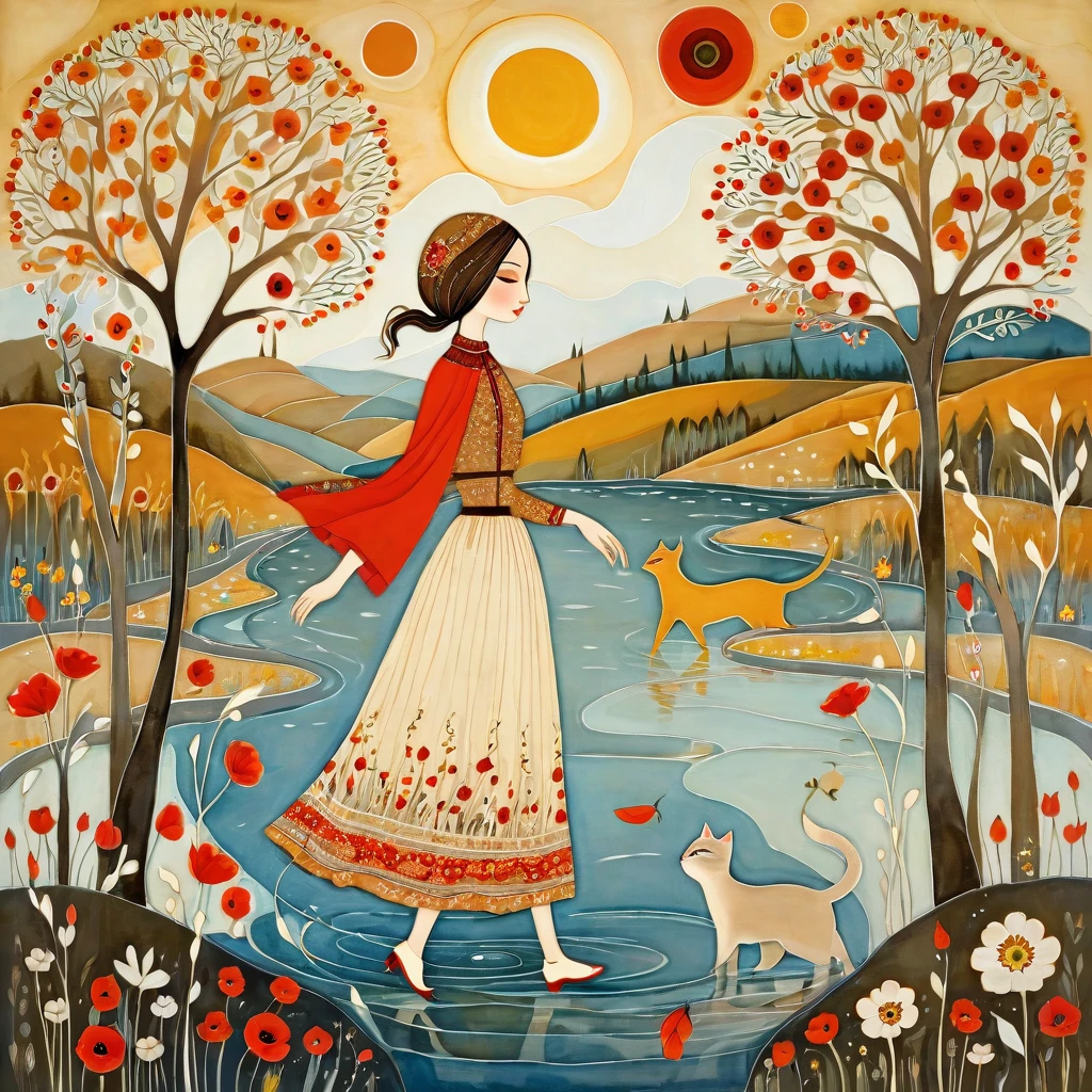 In the style of Albena Vatcheva. Stylized figures. Ethereal woman, wearing a wide skirt with flower and leaf motifs, walks on the waters of a river, on the banks of the river light brown cats with red collars walk. In the background mustard-colored sunshine, hills, birch trees, poppy flowers and blooming dandelions.
