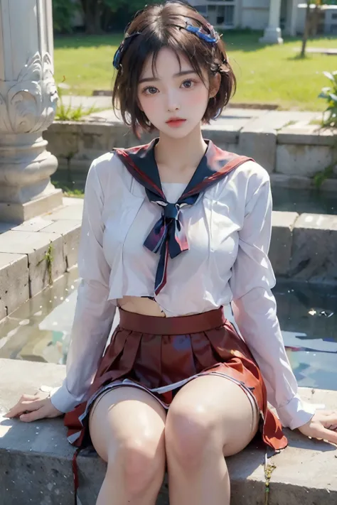 ((Highest quality, 8k, masterpiece :1.3)), 1 innocent girl:1.3, (short hair,Sailor suit,Beautiful breasts :1.2), Ultra mini skirt, Highly detailed face, Beautiful Eyes, double eyelid,whole body,Cute Face,(Sitting on stone steps),(Realistic Face),(Realistic Skin),Smart Body,Hips facing forward,half Japanese and half European,Sexy features,((iridescence)),(Red Skirt,Red Sailor Ribbon)