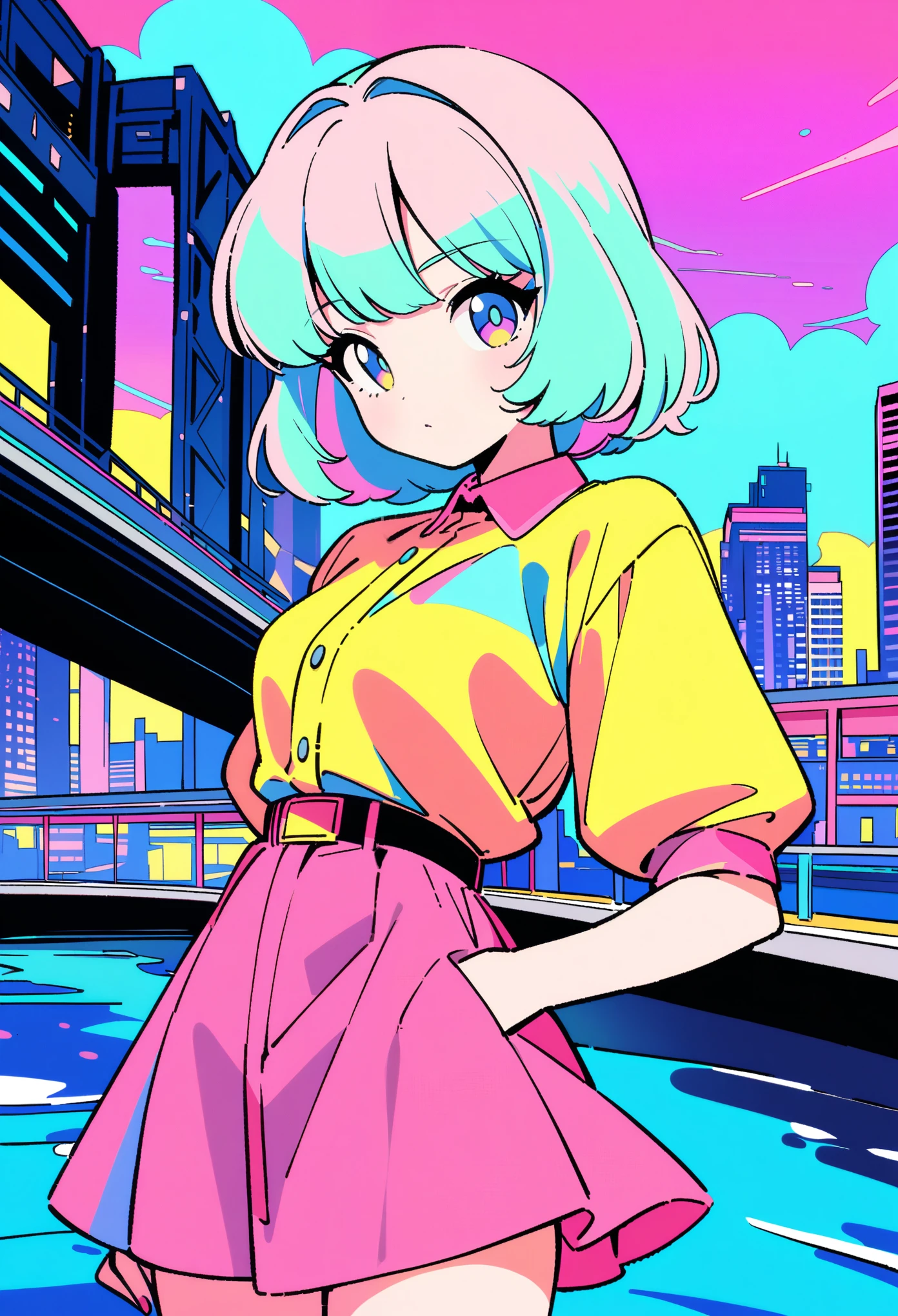 masterpiece, Highest quality, Beautiful attention to detail, Very detailed, In detail, High resolution, Perfect Anatomy, colorful, pastel colour, One girl, alone, (City pop illustrations), (City Pop Art), Simple Background, Retro Style, (Vaporwave City Pop), (1980s City Pop), (City Pop Anime), (river, bridge), Retro Style, 1980s Fashion, Cowboy Shot,