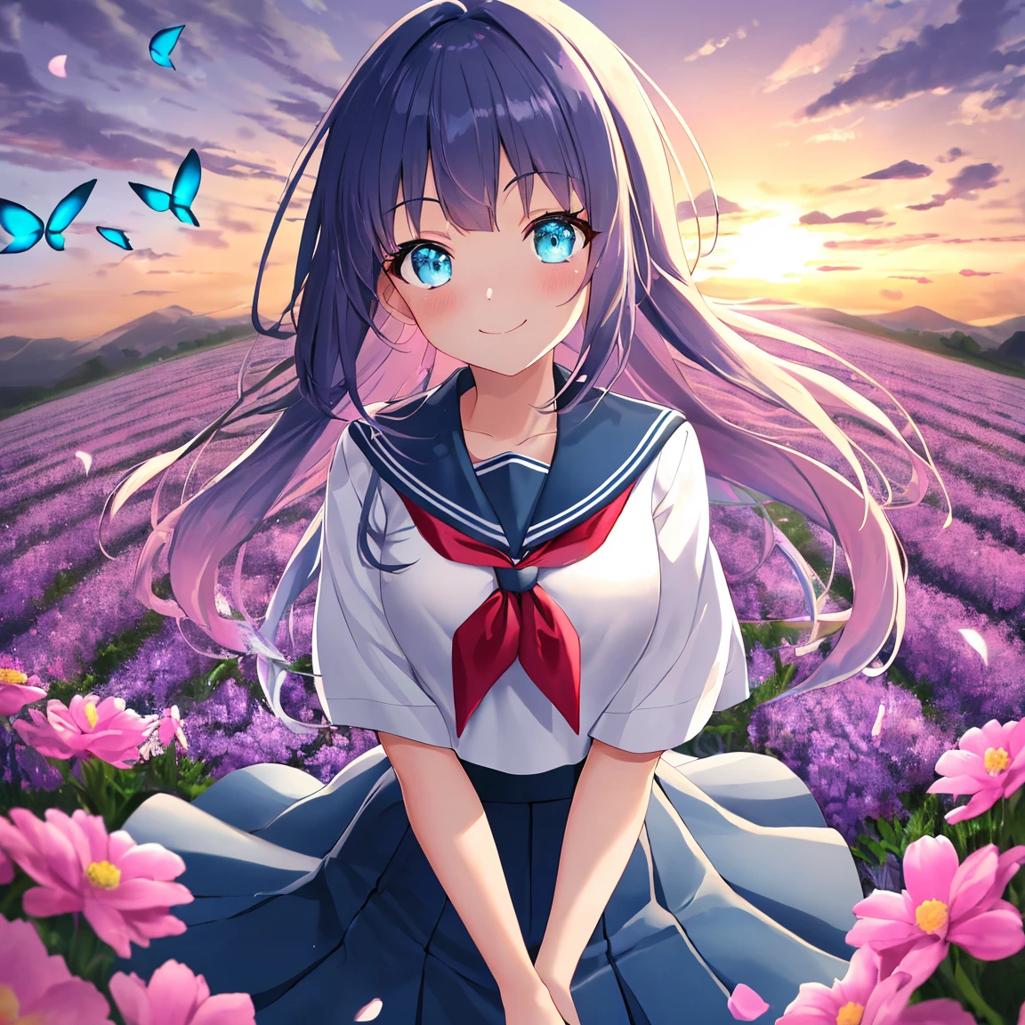 (( best quality, masterpiece, 4k, 8k, 16k, absurdrity, retina)), Ultra-Wide Angle, POV, anime style, 1girl, smile, blunt bangs, drooping eyebrows, aqua eyes, glowing eyes, violet hair, meadow, smile, curtsy, white serafuku, blue sailor collar, red neckerchief, long white shirt, blue flowing pleated skirt, lace-trimmed skirt, BREAK looking at viewer, blush, facing shot:, sunrise backlighting, cloudy, purple and blue gradient sky, glowing butterflies, award winning, vibrant colors, flowers flying, bloom, petals falling, cowboy shot, view from above