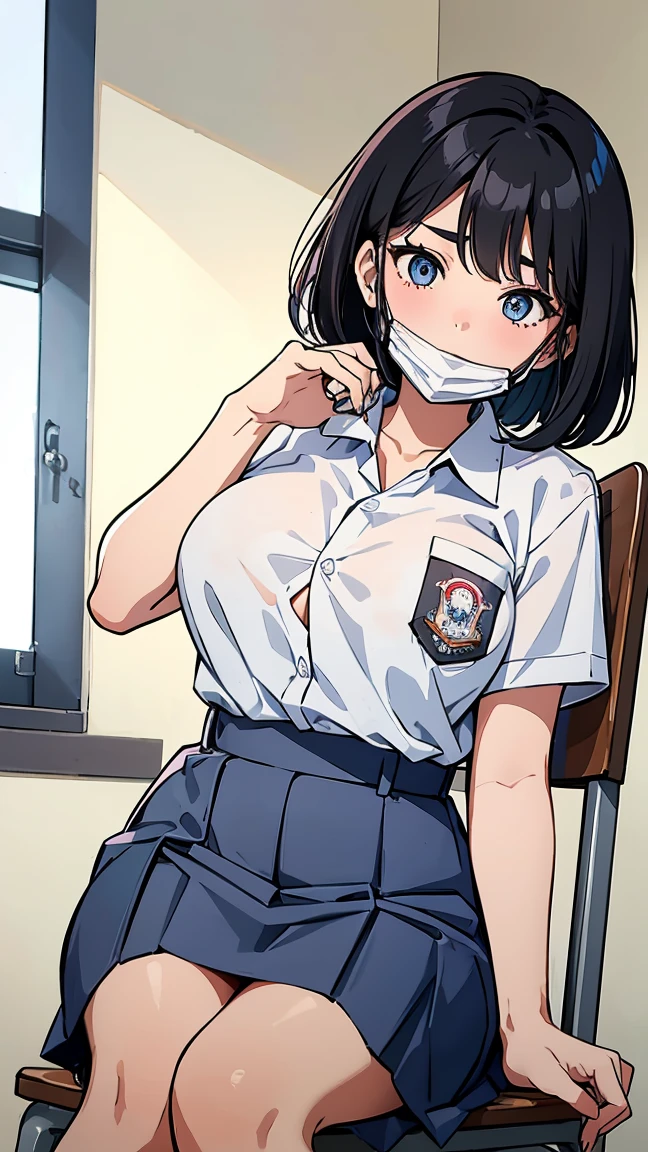 1 woman, 17 years old, (Korean Wolf Cut haircut, black hair), scared face expression, plump body, blue eyes, Indonesian high-school uniform, (wearing transparent white shirt, showing bra), osis logo on shirt pocket, huge XL breasts, light-grey pleated skirt, sitting on a chair, seductive pose, full body shot, smiling, blush, looking_at_viewer, in the classroom, (wear a mask, surgical mask fit his face, mask_pull)