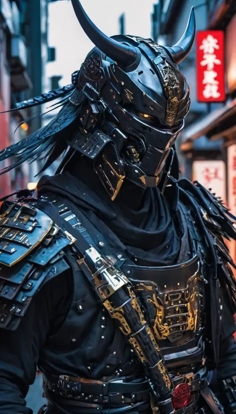 real 16k､ he was wearing a black suit and had a sword and a katana, cyborg samurai, cyber japan samurai armor, cyberpunk samurai...