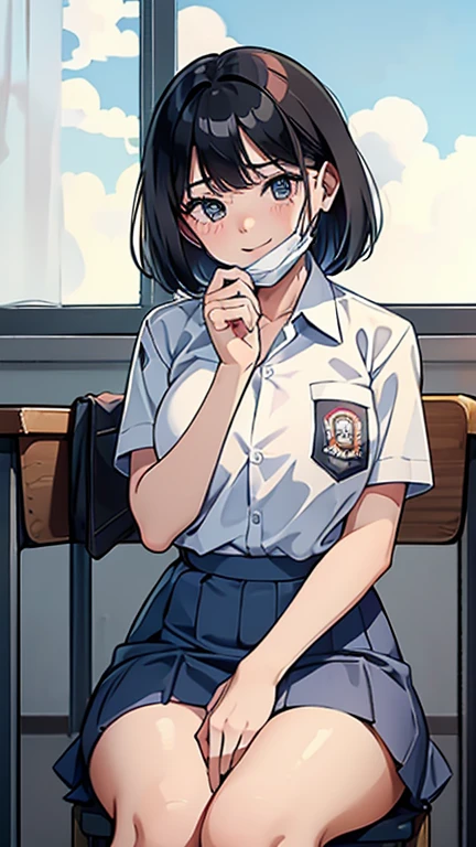 1 woman, 17 years old, (Korean Wolf Cut haircut, black hair), scared face expression, plump body, blue eyes, Indonesian high-school uniform, (wearing transparent white shirt, showing bra), osis logo on shirt pocket, huge XL breasts, light-grey pleated skirt, sitting down, seductive pose, full body shot, smiling, blush, looking_at_viewer, in the classroom, (wear a mask, surgical mask fit his face, mask_pull)