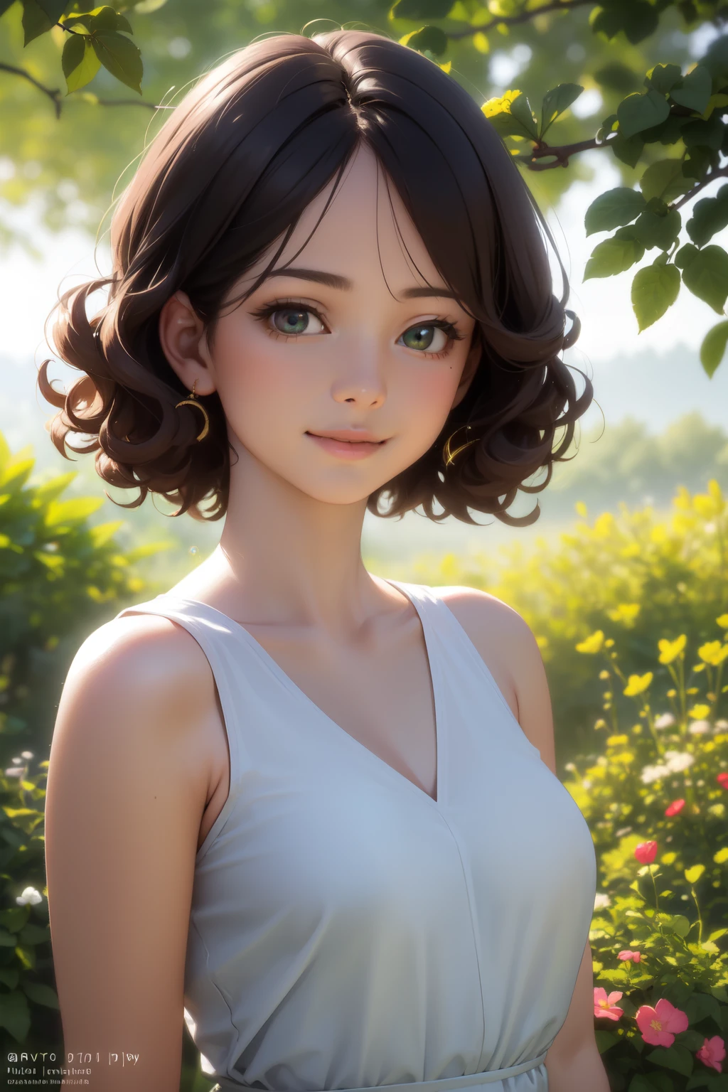 (highres,masterpiece:1.2),ultra-detailed,(realistic,photorealistic,photo-realistic:1.37),A beautiful girl in a garden,golden sunlight,soft breeze,happiness,peaceful atmosphere,dainty flowers,butterflies fluttering,green grass,serene expression,warm colors,dreamy style,sparkling eyes,curly hair,flowing dress,morning dew,fresh air,lively nature,innocent smile,gentle posture,sunlit background,warmth and tranquility,subtle shadows,harmonious composition,impressive details,imagination at its best.