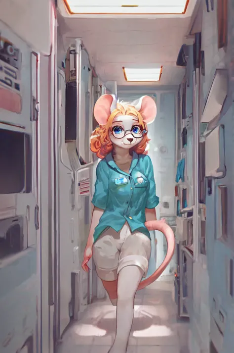 score_9, score_8_up, score_7_up,score_6_up,score_5_up, solo, furry, anthro, female, mouse, blue-green scrubs, white fur, yellow ...