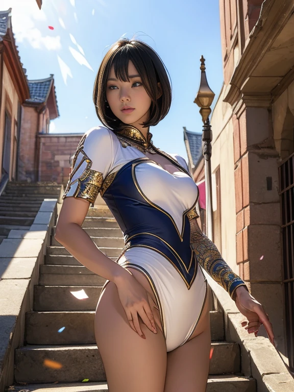 Highest quality, Official Art, masterpiece, Fabric Shading, High resolution, Very detailed, colorful, Best details, Fantasy, Combat Uniform, Song Jua:1.5, 1 female, Age 25, Black Hair, short hair, Up Bang Hair, One Length, Highest quality, Official Art, masterpiece, Fabric Shading, High resolution, Very detailed, colorful, Best details, Fantasy, Standing on the stairs, A castle town with an old castle view, sunny, Random Hair, Large Breasts, skinny, Surrounded by a lot of people:1.9, Confetti falling, Blessed, Welcomed:1.5, Camel Toe:1.3, Ground level shot:,