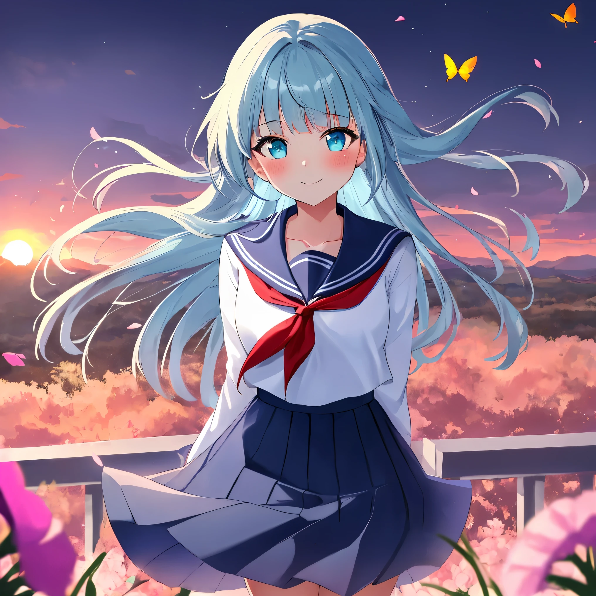 (( best quality, masterpiece, 4k, 8k, 16k, absurdrity, retina)), Ultra-Wide Angle, POV, anime style, 1girl, smile, blunt bangs, drooping eyebrows, aqua eyes, glowing eyes, violet hair, meadow, smile, curtsy, white serafuku, blue sailor collar, red neckerchief, long white shirt, blue flowing pleated skirt, lace-trimmed skirt, BREAK looking at viewer, blush, facing shot:, sunrise backlighting, cloudy, purple and blue gradient sky, glowing butterflies, award winning, vibrant colors, flowers flying, bloom, petals falling, cowboy shot, view from above