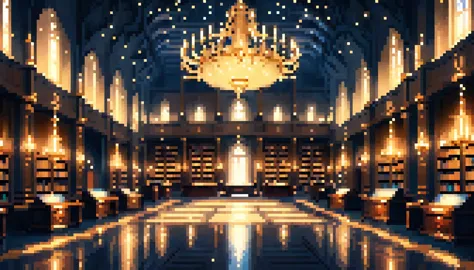 a great hall as a library with bright gold lights and futeristic crystals minimalism, anime, jpeg artifacts, eye-level shot, atm...