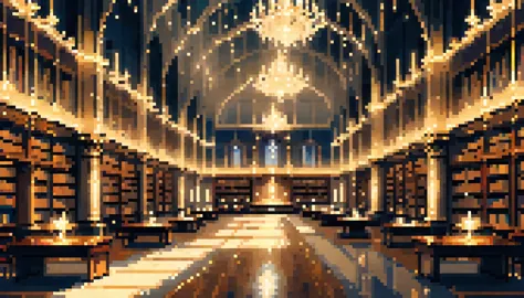 a great hall as a library with bright gold lights and futeristic crystals minimalism, anime, jpeg artifacts, eye-level shot, atm...