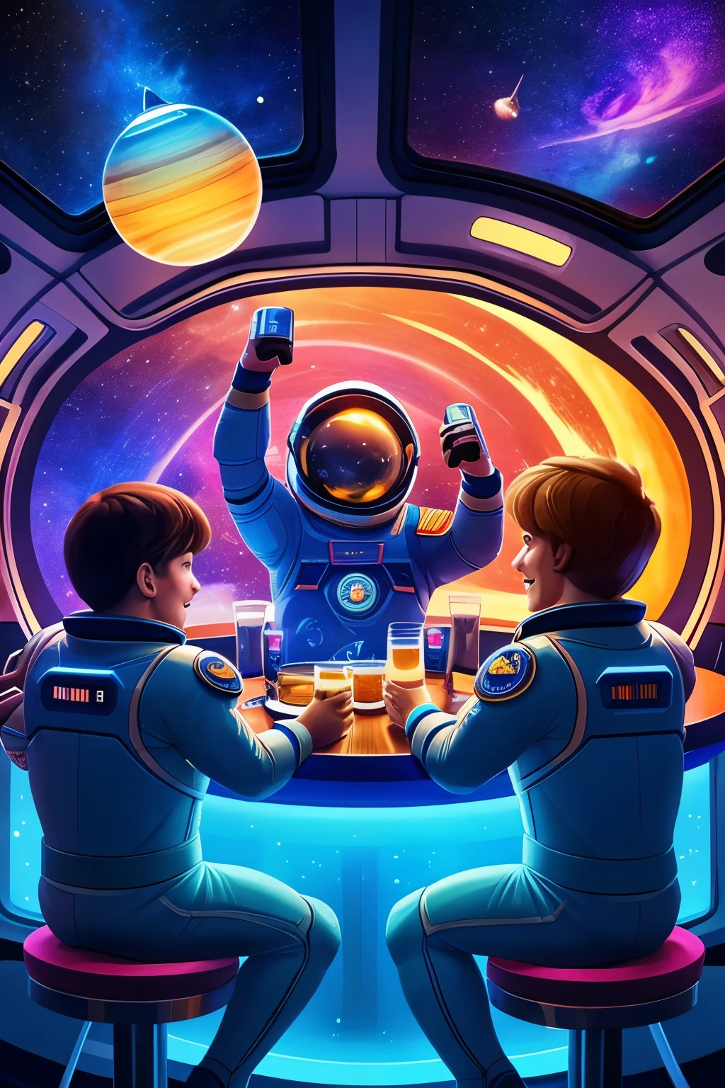 "A playful, whimsical illustration of four human astronauts with round helmets around a table inside a futuristic spaceship, each holding and raising beers in a toast, with joyful expressions and floating among colorful buttons, screens, and glowing lights, in the style of vibrant, animated space fantasy art --ar 1:1"
