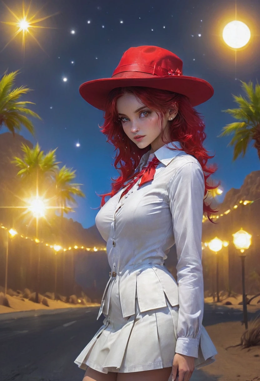 a picture of a female vampire cowboy in the desert night, a goth beauty, exquisite beautiful female vampire, ((anatomically correct: 1.5), (ultra detailed face: 1.2), best detailed face, red glowing eyes, full body, busty, wearing white bottom shirt, short skirt, dynamic color, wearing (Gambler Crease  hat: 1.2), wearing high heeled boots, it is night time in the desert, moon light. moon rays, west America desert canyon background, Hyperrealism style, vibrant, Ultra-high resolution, High Contrast, (masterpiece:1.5), highest quality, Best aesthetics), best details, best quality, highres, ultra wide angle, 16k, [ultra detailed], masterpiece, best quality, (extremely detailed) RAW, chumbasket art style, rpg portrait photograph, magical sky