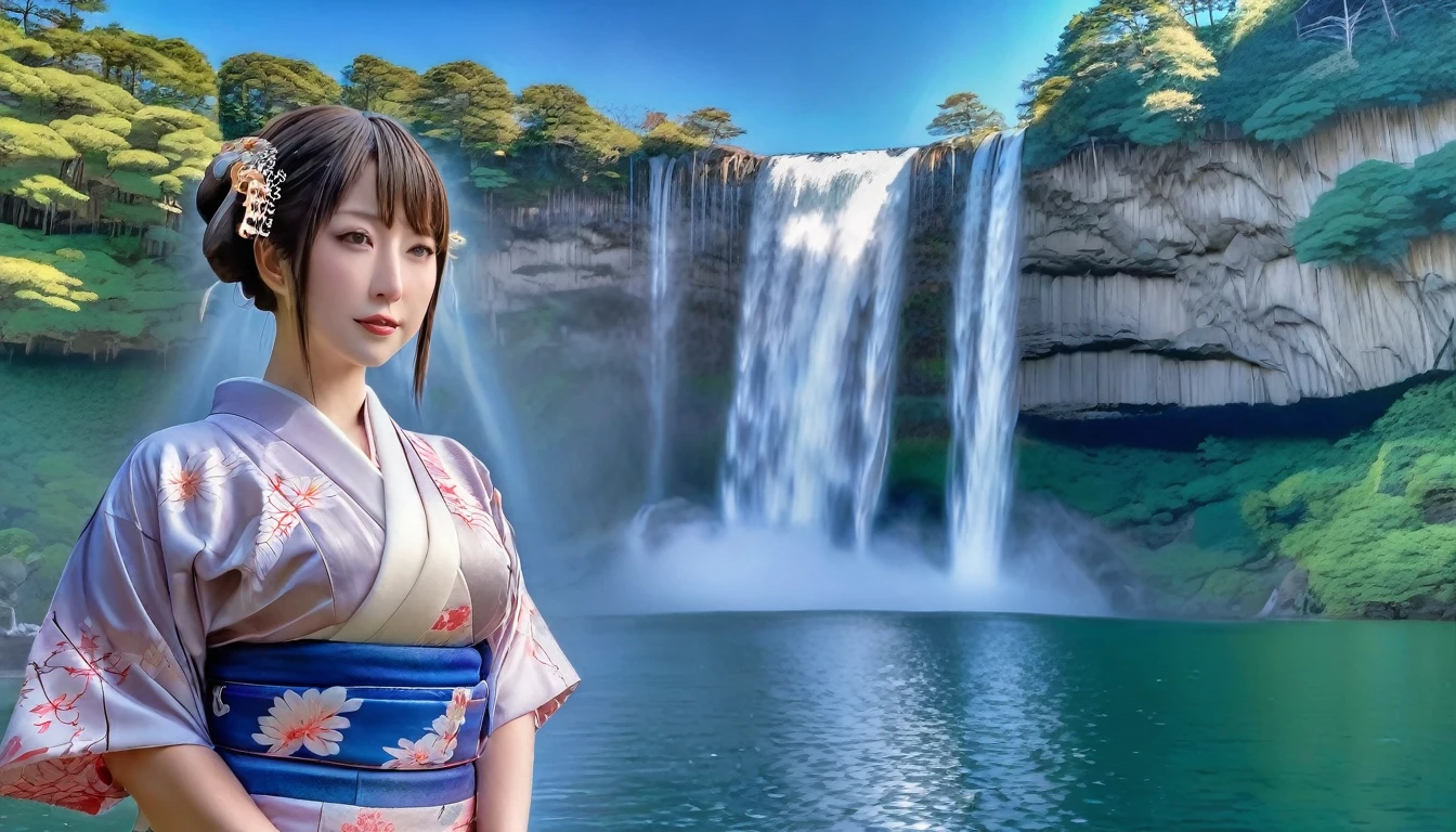 HDR image of a breathtaking tall waterfall cascading into a lake, A Japanese woman in a kimono stands by the lake, personifying unique beauty and tranquility. The sky above is a clear, bluish hue with just a few scattered clouds., adding a peaceful setting to the scene. The hyper-detailed waterfall is the focal point, capturing the viewer&#39;s attention with its powerful flow, yet calming. Ao redor do lago, lush trees and vibrant flowers for natural splendor, enhancing the overall feeling of calm and beauty of the setting