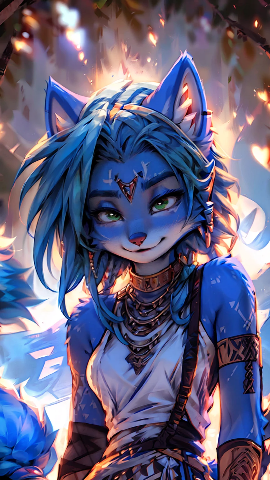 A beautiful and detailed (sweet picture) of ((Krystal)), Star Fox Krystal,  green eyes, medium breasts, (((Long blue hair 1.3))),  anthro, furry, (of Fluff-Kevlar, Bayard Wu, Personalami, Pino Daeni),  detailed fluffy fur, detailed face, (fluffy), 1 girl, alone, Haare bedecken ein Auge:1.4