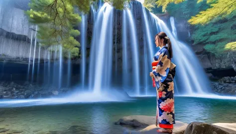 HDR image of a breathtaking tall waterfall cascading into a lake, A Japanese woman in a kimono stands by the lake, personifying ...