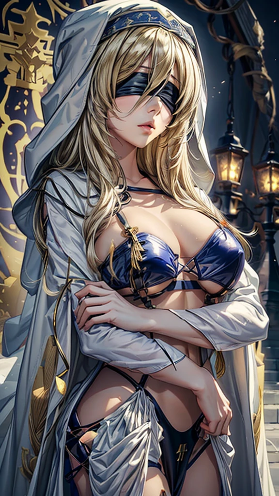 (masterpiece、Highest quality、Best Quality、Official Art、Beautiful and aesthetic:1.2)、whole body、Female 1 person、Shrine maiden、Long light blonde hair、Disheveled Hair、(Wearing a black blindfold:1.3)、Large Breasts、Cleavage、(A skimpy white robe、Gold border)、(White hood:1.2)、Very detailed、colorful、Perfect Face、Upper Body、HDR、(Streaks of Light)、Impressive visuals、Bright colors、Temple Background