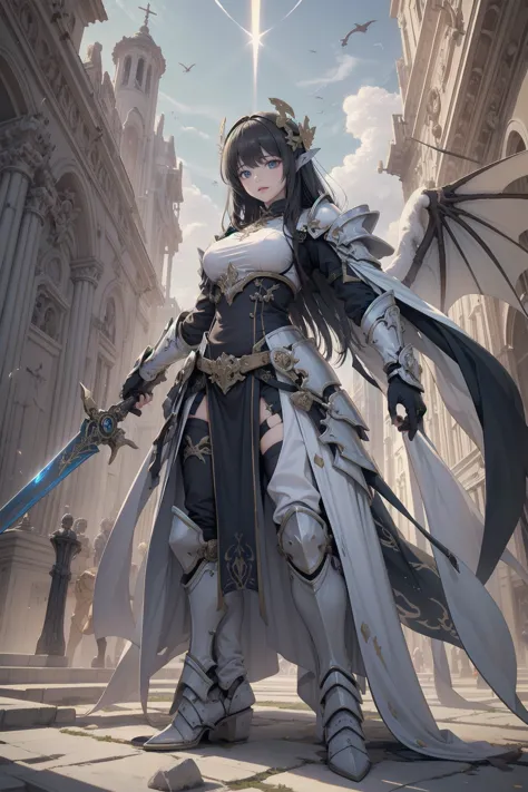 With unparalleled beauty、Full body shot of the fearless paladin, Long feature, Dark hair and striking blue eyes. She wears intri...