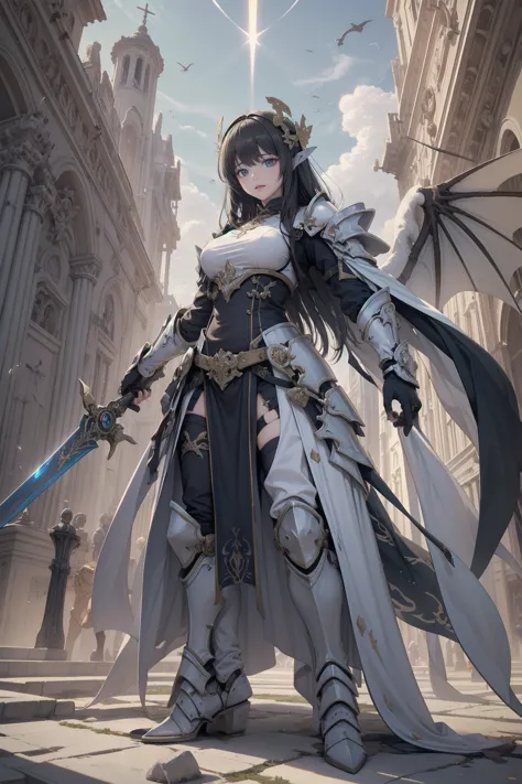 with unparalleled beauty、full body shot of the fearless paladin, long feature, dark hair and striking blue eyes. she wears intri...