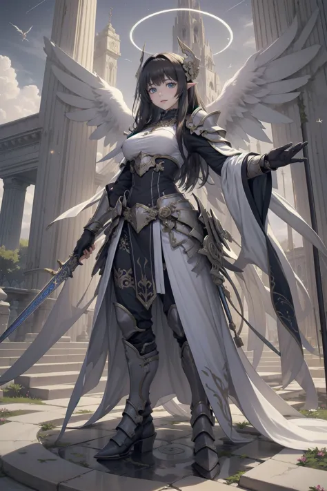 With unparalleled beauty、Full body shot of the fearless paladin, Long feature, Dark hair and striking blue eyes. She wears intri...