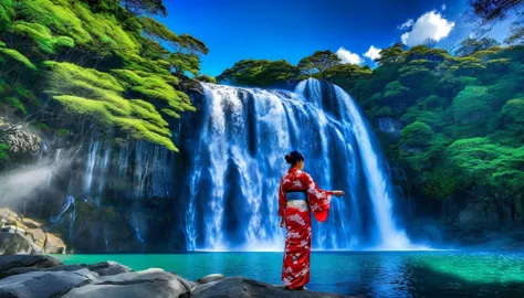 HDR image of a breathtaking tall waterfall cascading into a lake, blue sky clouds, a Japanese woman, 1 detailed face, in kimono ...