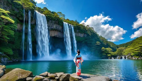 hdr image of a breathtaking tall waterfall cascading into a lake, blue sky clouds, a japanese woman, 1 detailed face, in kimono ...