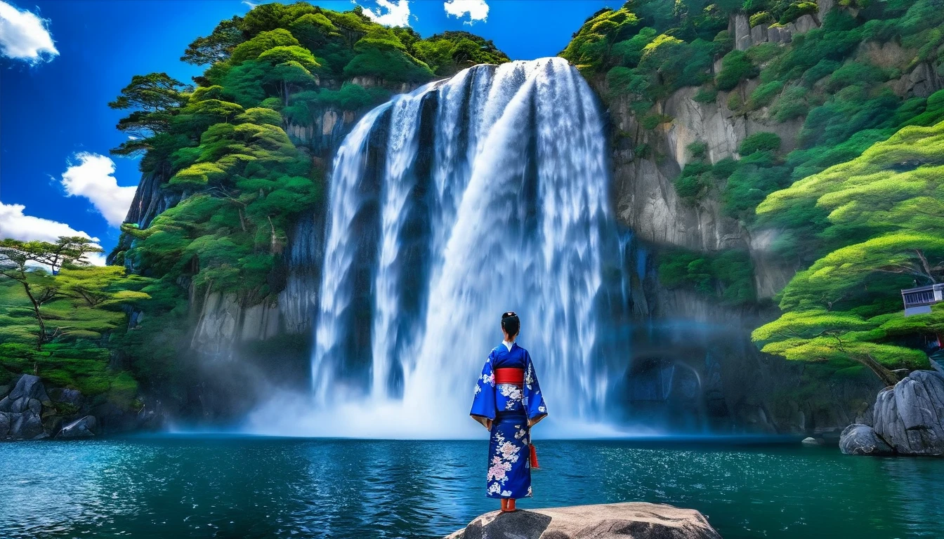 HDR image of a breathtaking tall waterfall cascading into a lake, blue sky clouds, a Japanese woman, 1 detailed face, in kimono stands by the lake, unique beauty. The sky above is a light, bluish hue with just a few clouds., adding a peaceful setting to the scene. The hyper-detailed waterfall is the focal point, capturing the viewer&#39;s attention with its powerful flow, yet calming. Ao redor do lago, lush trees and vibrant flowers for natural splendor, enhancing the overall feeling of calm and beauty of the setting.