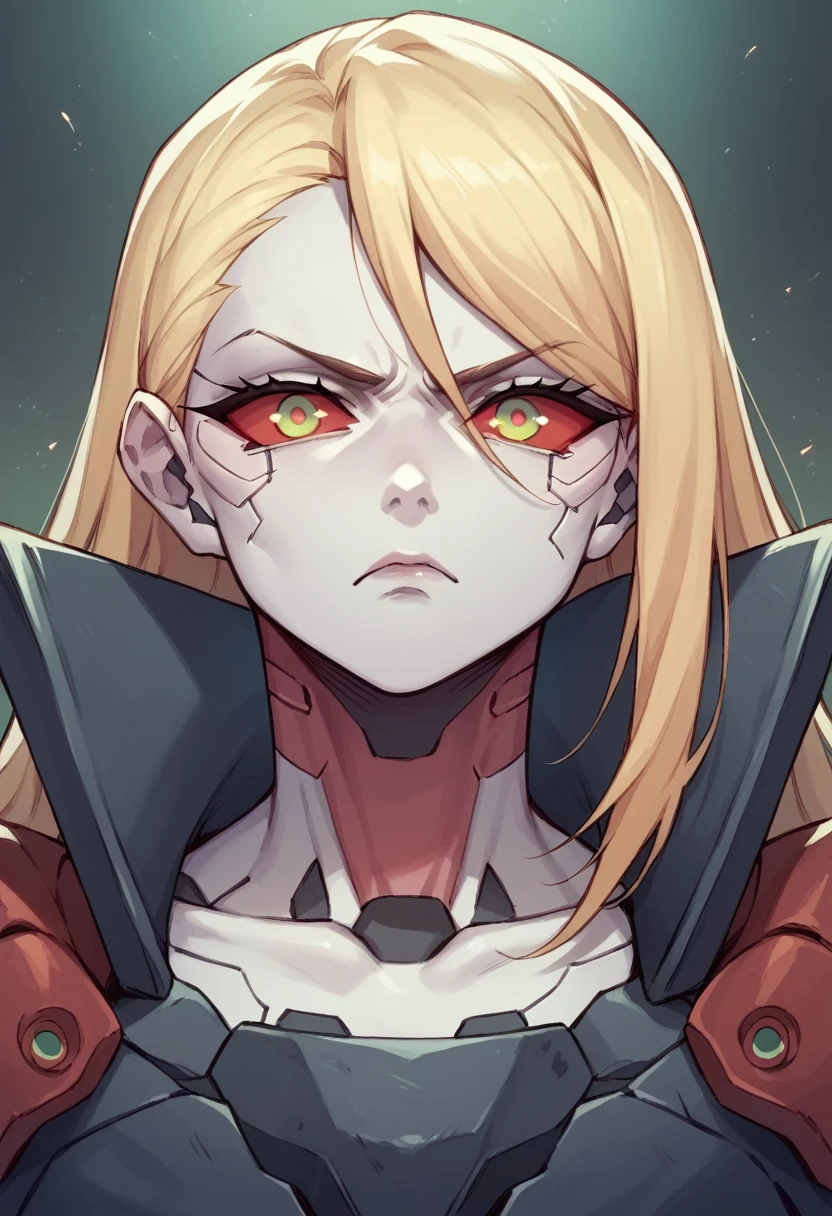 Anime mercenary  girl, cyborg, pale skin, blonde eyes, veins in face,red sclera, serious face, dark merc clothes, sexy german