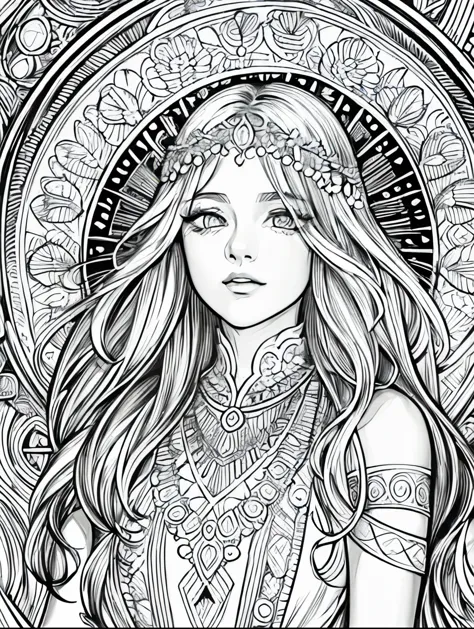 (Black and white coloring book:1.5), line drawings, masterpiece, best quality, ultra-detailed, high resolution, Very detailed face, (Eyes clear and distinct lines), Hair is white color, Full body shot, A woman in a free-spirited bohemian style maxi dress, Hyper detailed crisp black line draw, ((simple white color)), Fibonacci