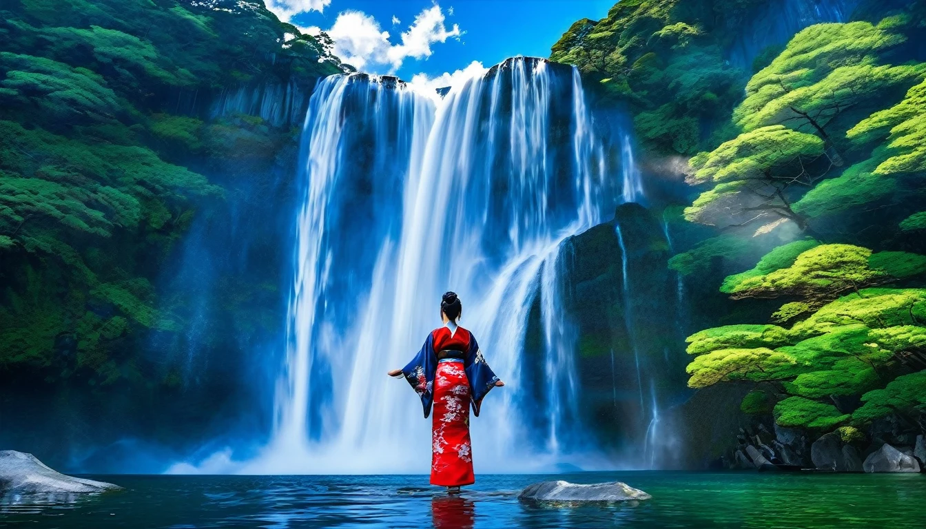 HDR image of a breathtaking tall waterfall cascading into a lake, blue sky clouds, a Japanese woman, 1 detailed face, in kimono stands by the lake, unique beauty. The sky above is a light, bluish hue with just a few clouds., adding a peaceful setting to the scene. The hyper-detailed waterfall is the focal point, capturing the viewer&#39;s attention with its powerful flow, yet calming. Ao redor do lago, lush trees and vibrant flowers for natural splendor, enhancing the overall feeling of calm and beauty of the setting.