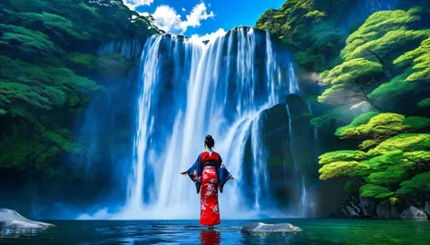 HDR image of a breathtaking tall waterfall cascading into a lake, blue sky clouds, a Japanese woman, 1 detailed face, in kimono ...