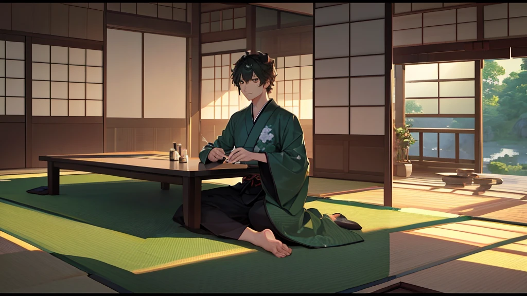 Japanese-style room, Dark green kimono, Beautiful Japanese Garden, Man in kimono, seiza, serious, Monet, reflection light, UHD, highres, best quality, 8k