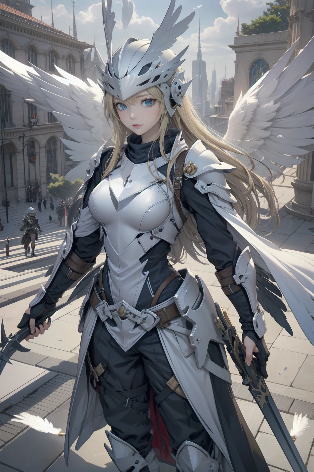 (masterpiece, Highest quality) Valkyrieプロフィールレネス, One girl, Long Hair, blue eyes, Blonde, Holding, arms, wing, Focus Only, sword, Holding arms, armor, bird, Holding sword, Helmet, feather, shoulder armor, feathered wing, Scapula, angel wing, breastplate, armored dress, winged Helmet, Valkyrie