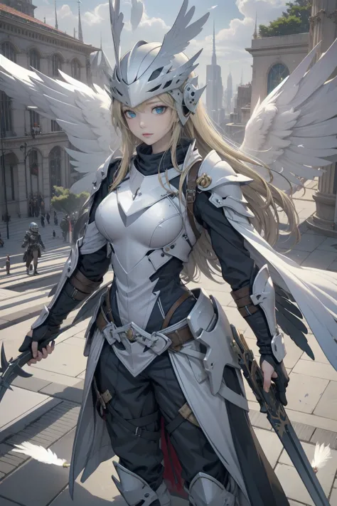 (masterpiece, Highest quality) Valkyrieプロフィールレネス, One girl, Long Hair, blue eyes, Blonde, Holding, arms, wing, Focus Only, sword...