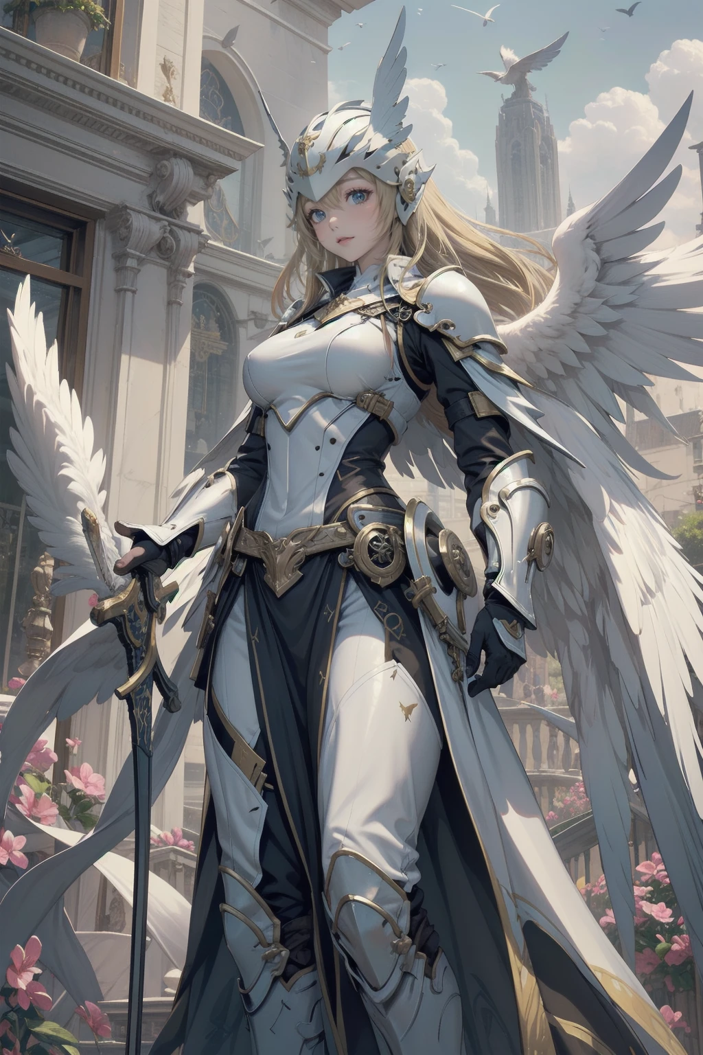 (masterpiece, Highest quality) Valkyrieプロフィールレネス, One girl, Long Hair, blue eyes, Blonde, Holding, arms, wing, Focus Only, sword, Holding arms, armor, bird, Holding sword, Helmet, feather, shoulder armor, feathered wing, Scapula, angel wing, breastplate, armored dress, winged Helmet, Valkyrie