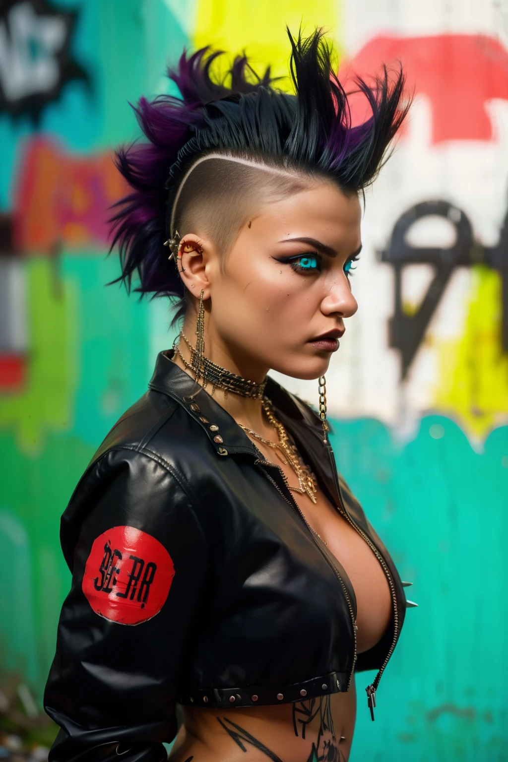 (Artwork, best quality:1.2), 1 girl , ((side view)) , hyperrealistic, realistic, intrincately detailed, "Punk Girl", in dynamic sensual pose, sexy, hot,  ((spiky mohawk hair, Black punk hair, angry face, wearing a black jacket, chains, Rocket style, tattooed girl , hot body, abs, bikini boobs) . (((Realistic skin, skin Textures, glowing skin, detailed eyes, realistic eyes))), Shallow depth of field, vignette, highy detailed, high budget, bokeh, cinemascope, temperamental, epic, marvelous, film grain, grainy. ((Abandoned Graffiti Wall Background, garbage,  cinematic lighting )).