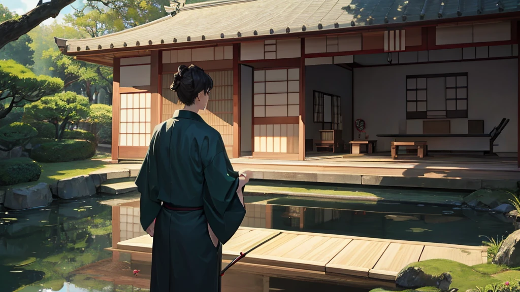 Japanese-style room, Dark green kimono, Beautiful Japanese Garden, Man in kimono, seiza, serious, Monet, reflection light, UHD, highres, best quality, 8k