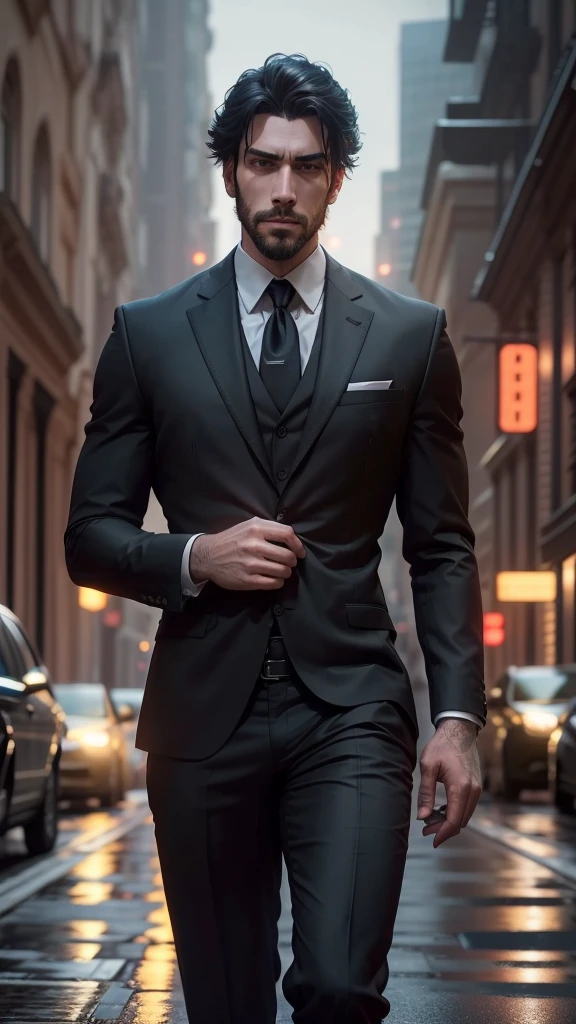 A sharp looking lawyer，confident looking, Wear a black suit，City streets，（depth of fieldovie lighting），（light and shadow effect），（Unreal 5），（masterpiece），（8k wallpaper），photorealestic，realisticlying