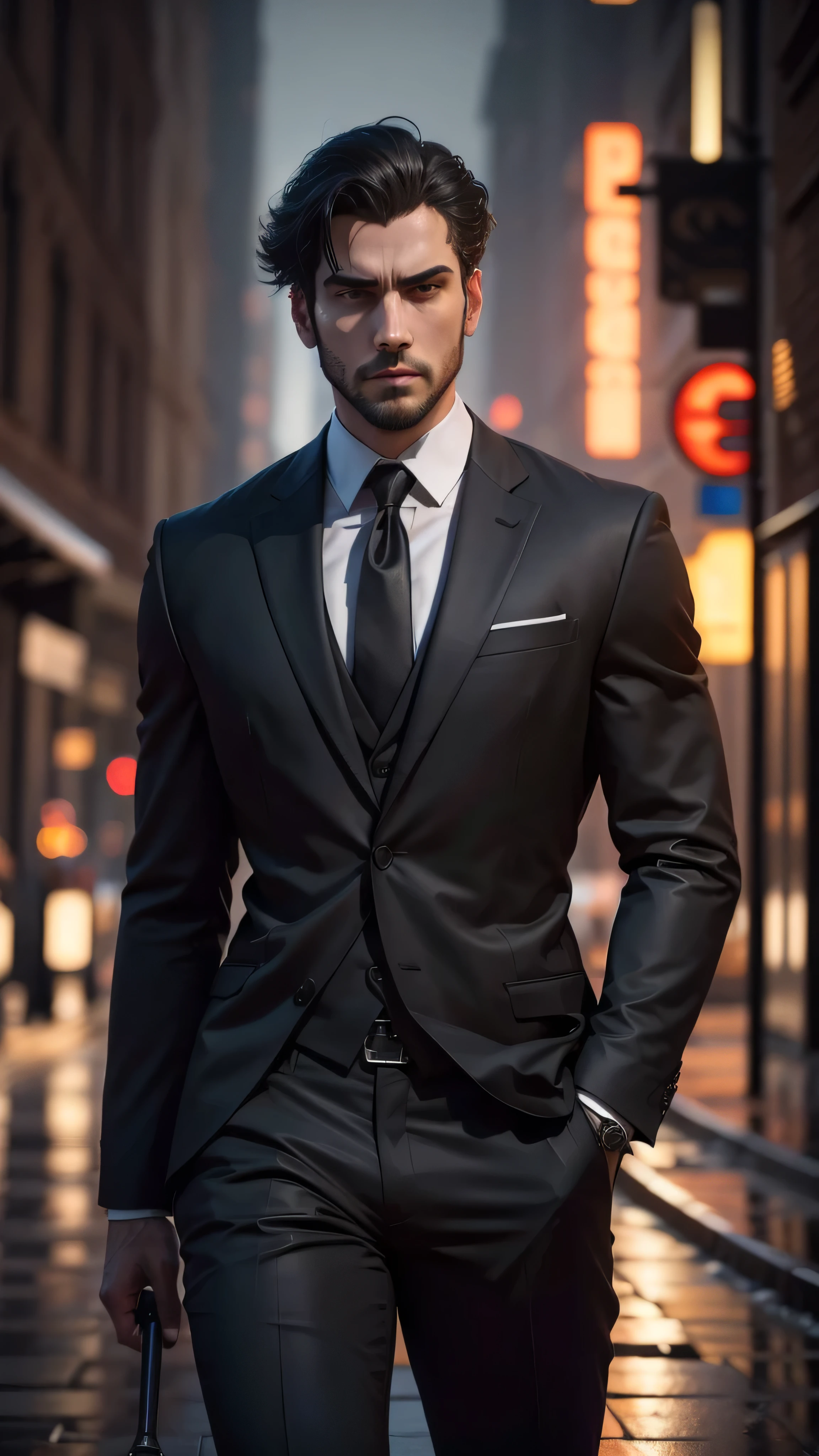 A sharp looking lawyer，confident looking, Wear a black suit，City streets，（depth of fieldovie lighting），（light and shadow effect），（Unreal 5），（masterpiece），（8k wallpaper），photorealestic，realisticlying