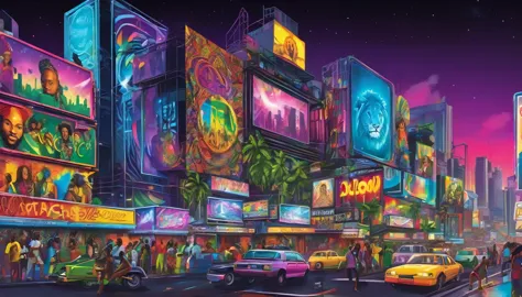 urban landscape with towering skyscrapers, neon signs, and graffiti art. futuristic architecture blending with reggae elements. ...