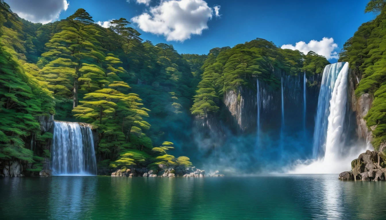 HDR image of a breathtaking tall waterfall cascading into a lake, blue sky clouds, a Japanese woman, 1 detailed face, in kimono stands by the lake, unique beauty. The sky above is a light, bluish hue with just a few clouds., adding a peaceful setting to the scene. The hyper-detailed waterfall is the focal point, capturing the viewer&#39;s attention with its powerful flow, yet calming. Ao redor do lago, lush trees and vibrant flowers for natural splendor, enhancing the overall feeling of calm and beauty of the setting.