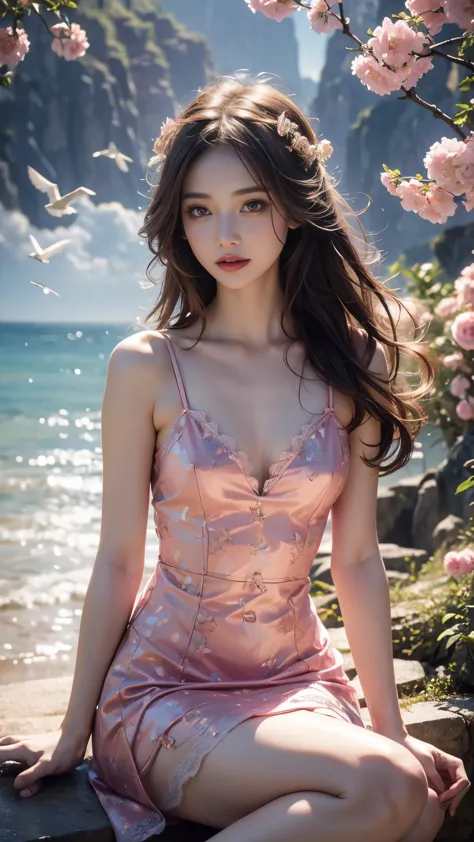 8K, UHD, masterpiece, 1 girl, good face, very long hair, detailed eyes, detailed lips, light makeup, small breasts, fairytale dress, pink dress, lace, stocking, in the cloud, cloudy sky, flowers, water, heaven, flying birds, dim lighting, realistic shadow, bloom, ray tracing, sitting,