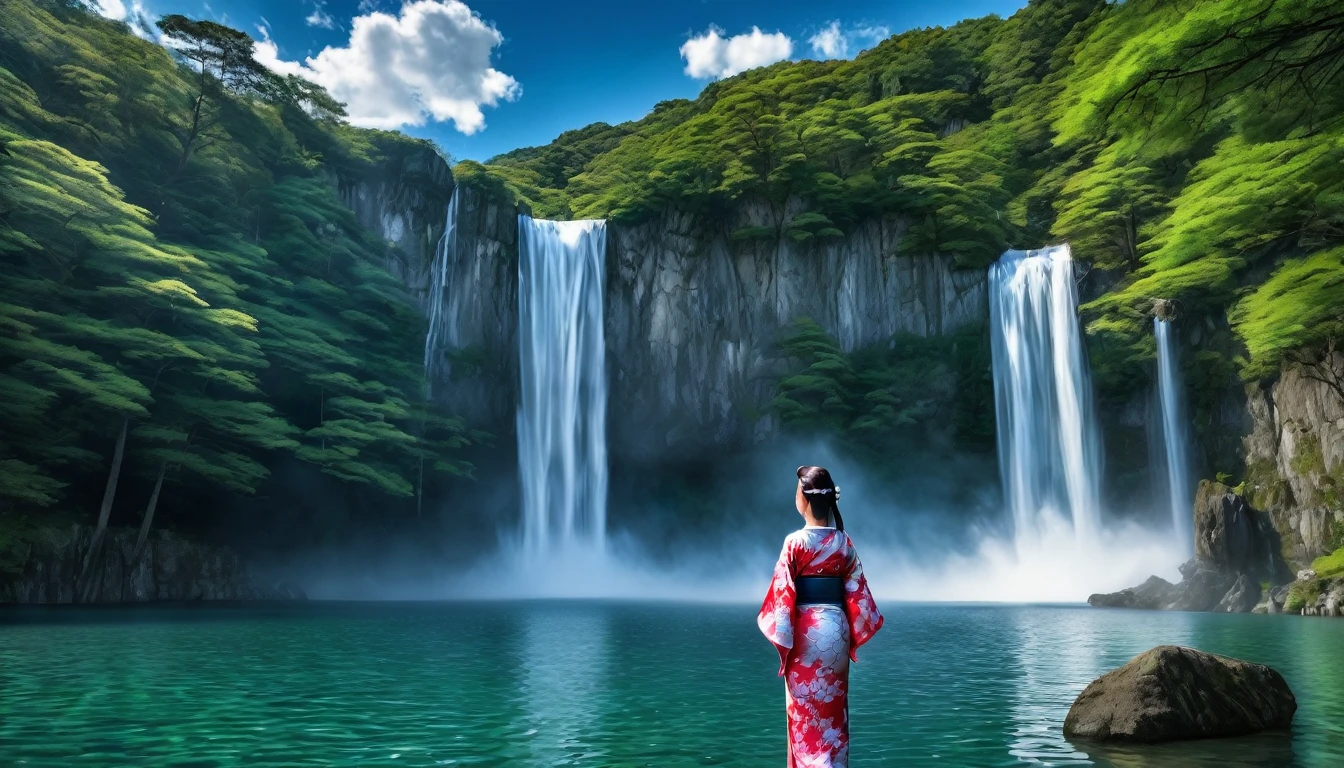 HDR image of a breathtaking tall waterfall cascading into a lake, blue sky clouds, a Japanese woman, 1 detailed face, in kimono stands by the lake, unique beauty. The sky above is a light, bluish hue with just a few clouds., adding a peaceful setting to the scene. The hyper-detailed waterfall is the focal point, capturing the viewer&#39;s attention with its powerful flow, yet calming. Ao redor do lago, lush trees and vibrant flowers for natural splendor, enhancing the overall feeling of calm and beauty of the setting.