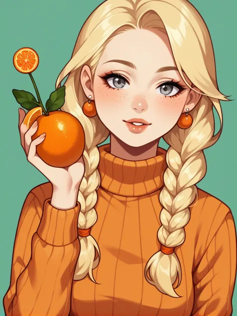 1girl, aran sweater, blonde hair, braid, cable knit, earrings, eyelashes, food, freckles, fruit, grey eyes, jewelry, lips, long ...