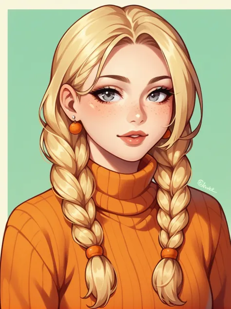 1girl, aran sweater, blonde hair, braid, cable knit, earrings, eyelashes, food, freckles, fruit, grey eyes, jewelry, lips, long ...