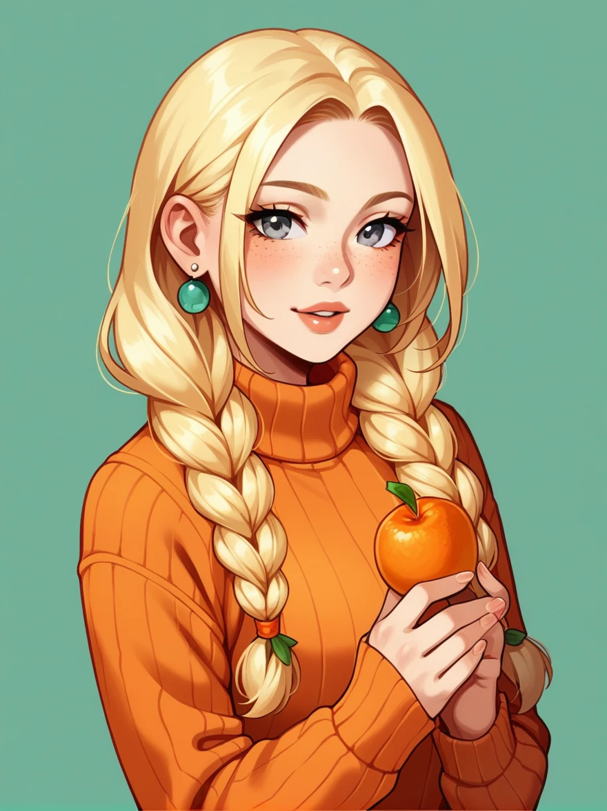 1girl, aran sweater, blonde hair, braid, cable knit, earrings, eyelashes, food, freckles, fruit, grey eyes, jewelry, lips, long hair, long sleeves, looking at viewer, mandarin orange, orange \(fruit\), orange slice, orange sweater, orange theme, solo, sweater, twin braids, upper body