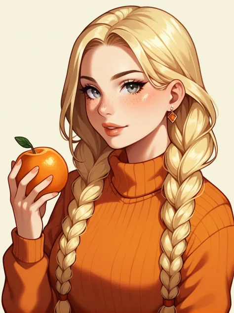 1girl, aran sweater, blonde hair, braid, cable knit, earrings, eyelashes, food, freckles, fruit, grey eyes, jewelry, lips, long ...