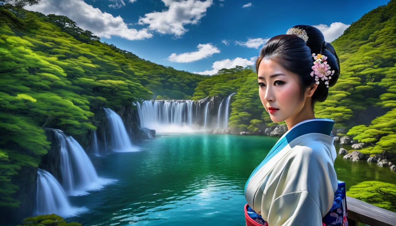 HDR image A Japanese woman, face detailed, in kimono stands by the lake, unique beauty. a tall waterfall falling into a lake, blue sky clouds, . The sky above is a light, bluish hue with just a few clouds., adding a peaceful setting to the scene. The hyper-detailed waterfall is the focal point, capturing the viewer&#39;s attention with its powerful flow, yet calming. Ao redor do lago, lush trees and vibrant flowers for natural splendor, enhancing the overall feeling of calm and beauty of the setting.