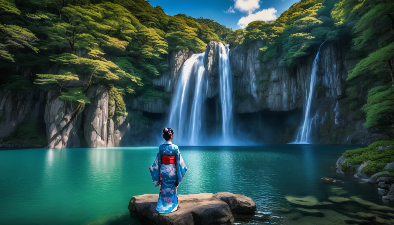 Imagen HDR Una mujer japonesa, cara detallada, en kimono se encuentra junto al lago, belleza única. Una cascada alta que cae en un lago, nubes de cielo azul, . El cielo arriba es una luz, tono azulado con solo unas pocas nubes., añadiendo un entorno tranquilo a la escena. La cascada hiperdetallada es el punto focal., capturando al espectador&#39;s atención con su poderoso flujo, aún tranquilo. Alrededor del lago, Árboles frondosos y flores vibrantes para un esplendor natural., mejorar la sensación general de calma y belleza del entorno.