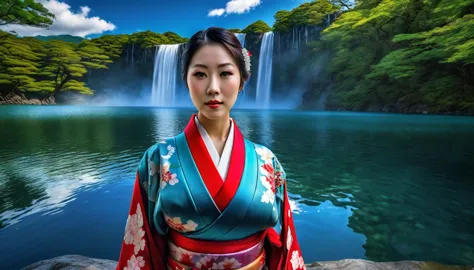 HDR image A Japanese woman, face detailed, in kimono stands by the lake, unique beauty. a tall waterfall falling into a lake, bl...