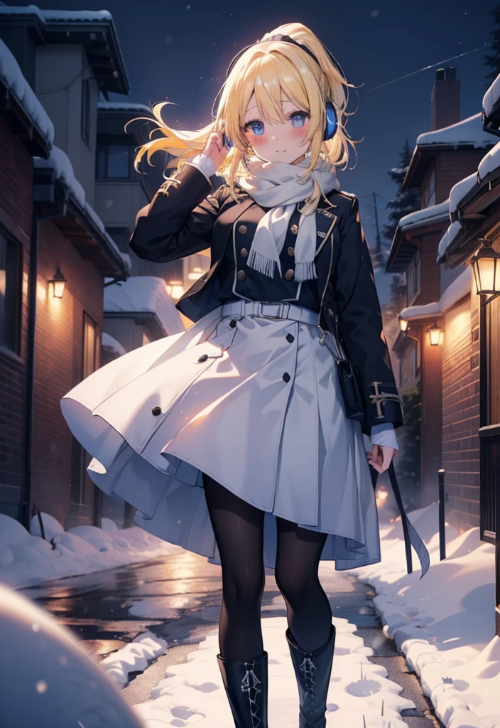 Eliase, catalyst, Yellow Hair, blue eyes, Hair Ribbon,ponytail,Earmuffs,smile,blush,Open your mouth,White Breath,White scarf,Light blue long coat,White long skirt,Black pantyhose,short boots,Walking,snowが降っている,snowが積もっている,snow,snow,snow,night,whole bodyがイラストに入るように,
break looking at viewer,whole body,
break outdoors,Residential Street,
break (masterpiece:1.2), Highest quality, High resolution, unity 8k wallpaper, (figure:0.8), (Beautiful attention to detail:1.6), Highly detailed face, Perfect lighting, Highly detailed CG, (Perfect hands, Perfect Anatomy),